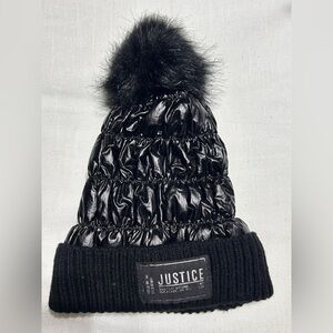 Justice Kids Black Beanie with Pom Pom